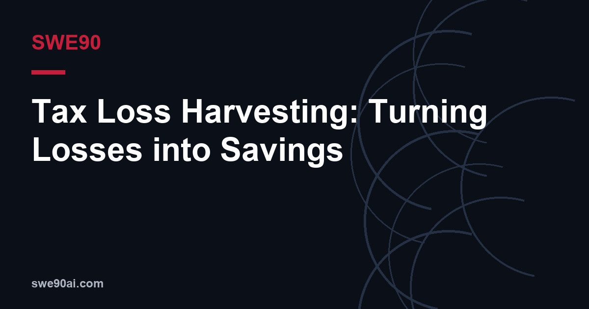 SWE90 dark arc design with the text “Tax Loss Harvesting: Turning Losses into Savings”.